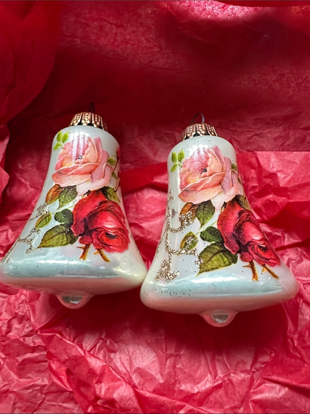 Vintage Set 2 Krebs Glass Bell Christmas Bulb Ornaments Gold Caps West Germany